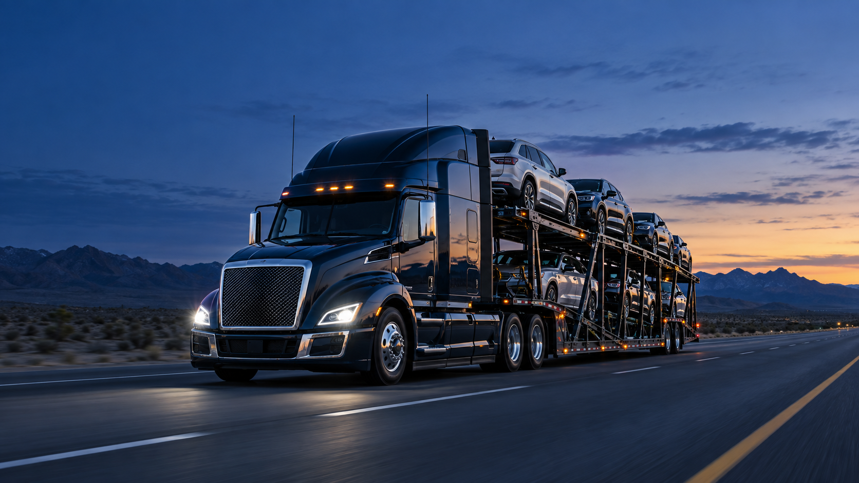 Car carrier traveling along an American highway at dusk
